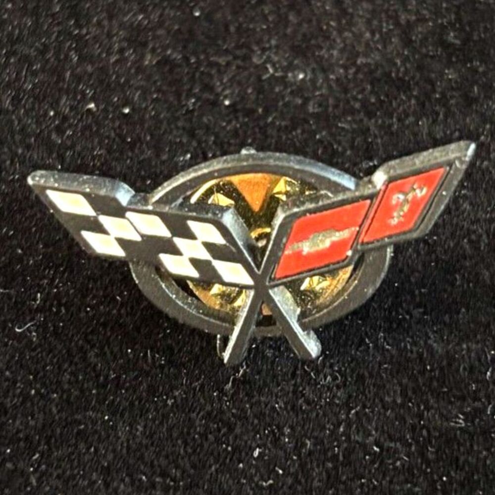 Vintage Chevrolet Corvette Crossed Flags Lapel Pin Enamel Chevy Logo Badge